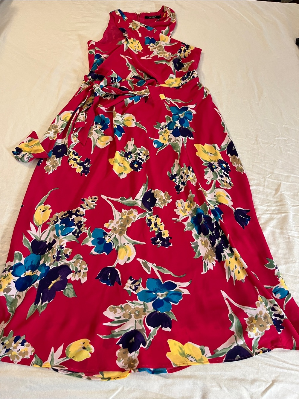Ralph Lauren Bright Fuchsia Floral Cross-Neck Midi Dress - Picture 4 of 14